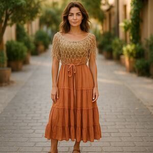 Viva Womens Ombre Bohemian Cascading layered fringe-maxi‎ dress Orange S/M